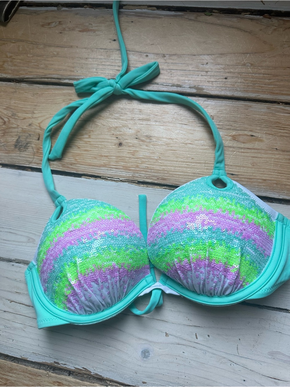 VS Sequin Pastel Aqua Halter Push-up Bikini Top
